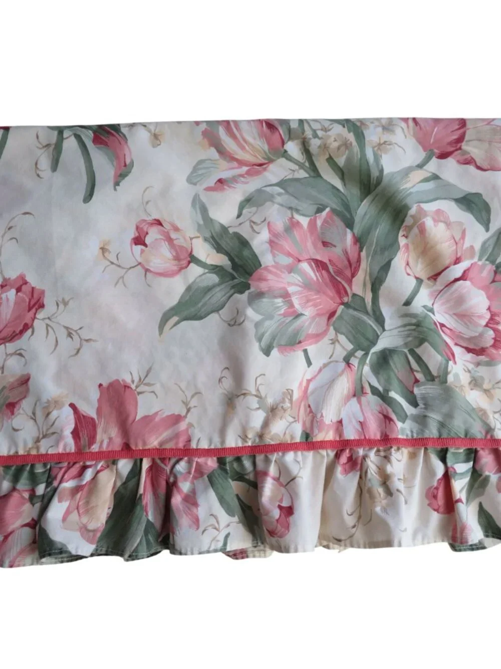 Vintage Waverly Garden Room Queen Flat Sheet Ruffled Hem Pink Floral Tulip USA